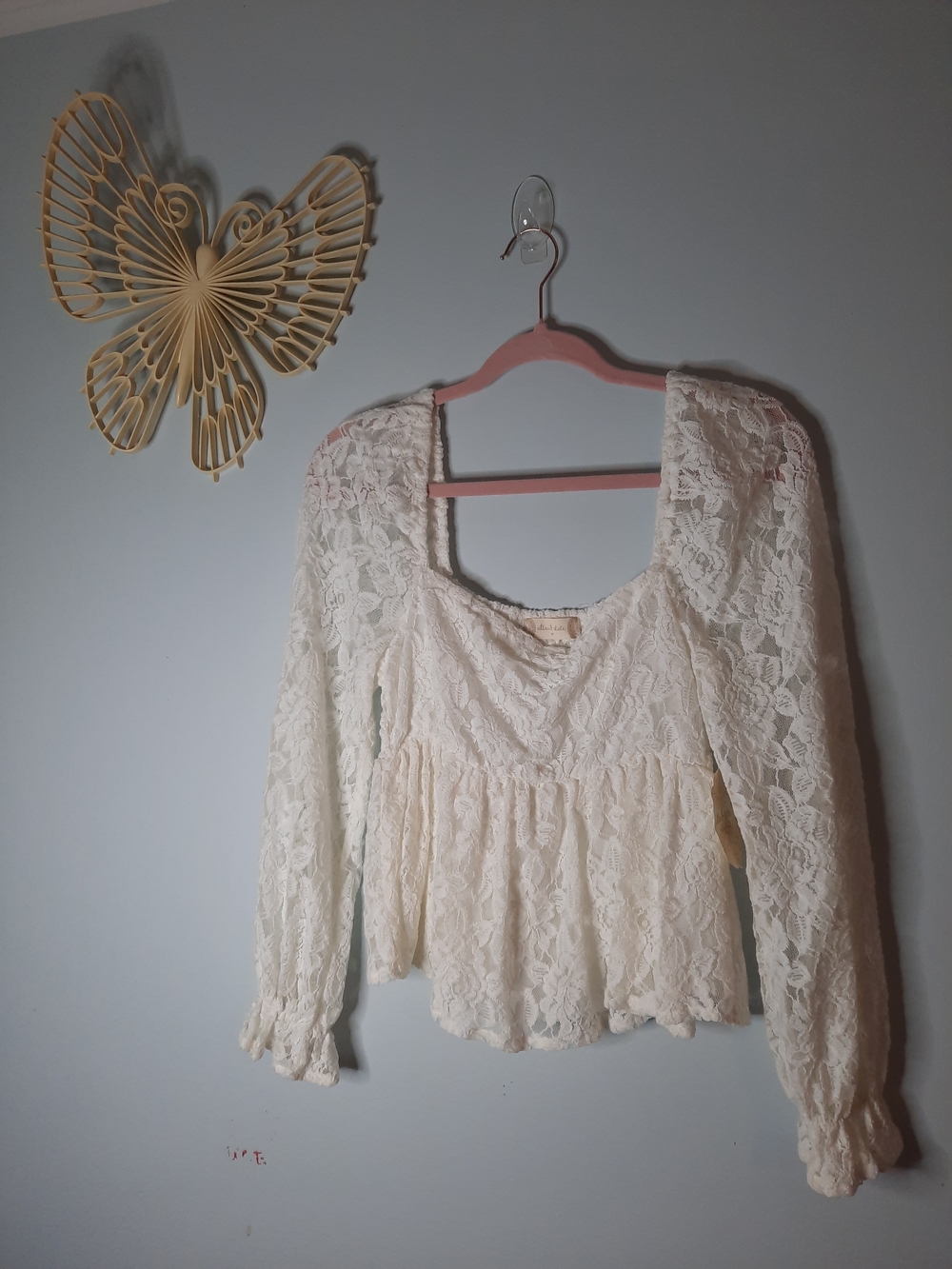 Altar'd State Sz Med Cream Lace Smocked Back Blouse, Bachelorette, Wedding Bride